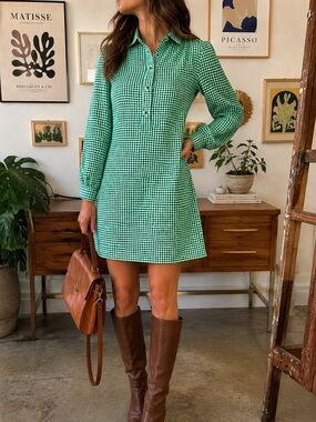 Vintage 70s Brownstone Studio Mod Shirt Dress Green Check Pockets Petite 12